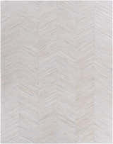 Close-up of Upland Premium Rug showing brown, cream, and gray tones in a contemporary herringbone pattern. Hair on hide texture. Design-Rectangle-810