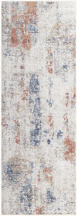 Close-up of the Upminster Area Rug, a machine-woven polyester rug in brick red, charcoal, and light beige. Abstract design. Design-Runner-2773