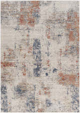 Close-up of the Upminster Area Rug. Machine woven polyester rug in brick red, charcoal, and light beige. Abstract pattern. Design-Rectangle-537