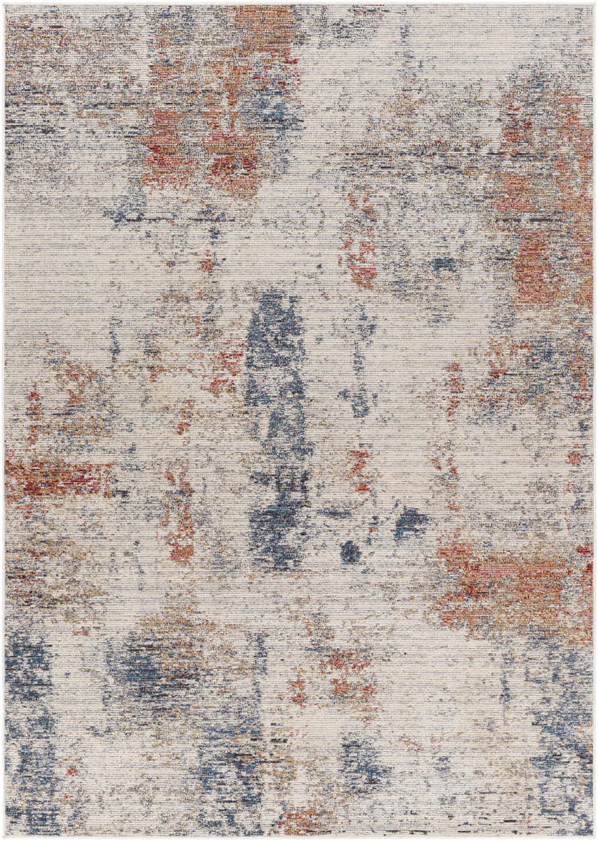 Close-up of the Upminster Area Rug. Machine woven polyester rug in brick red, charcoal, and light beige. Abstract pattern. Design-Rectangle-537