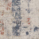 Close-up of Upminster Area Rug. Machine woven polyester rug with brick red, charcoal, and teal abstract pattern. Swatch