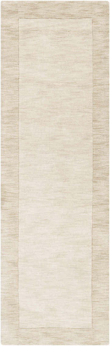 Close-up of a Bordered Solid Wheat Cream Wool Rug. Neutral ivory and wheat tones, hand-loomed texture. Design-Runner-268