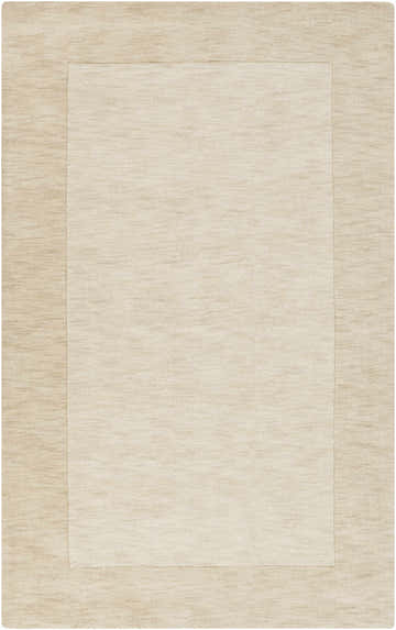 Close-up of a Bordered Solid Wheat Cream Wool Rug showing the texture and color variations. Design-Rectangle-58