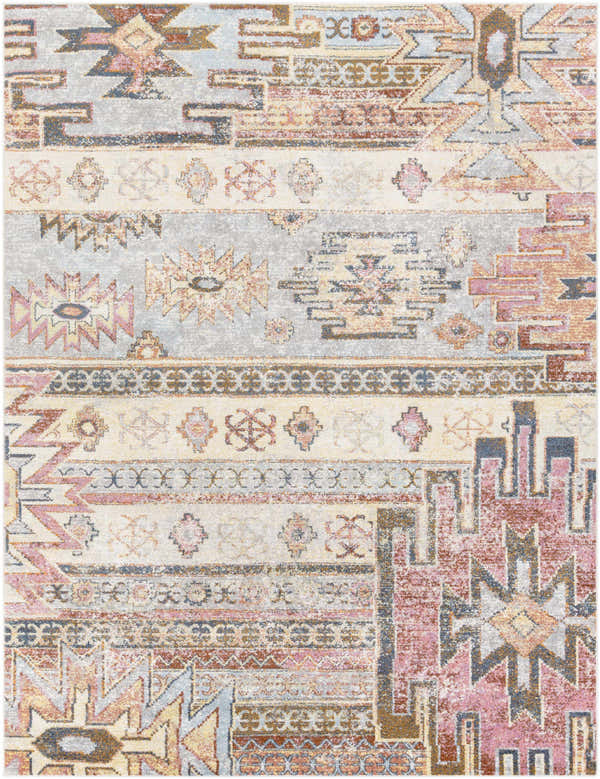 Close-up of the Upperco Area Rug. Southwestern style with blue, red, orange, pink, and yellow geometric patterns. Design-Rectangle-710103