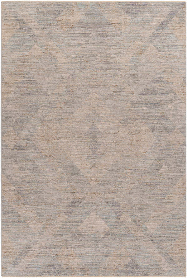 Close-up of the Urmi Thick Luxe Area Rug in brown, charcoal, teal, sage, and gray with a subtle diamond pattern. Design-Rectangle-6796