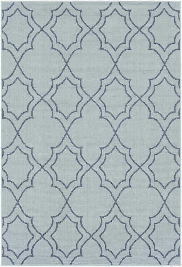 Close-up of Ursa Area Rug. Pale blue olefin rug with navy geometric trellis pattern. Machine woven. Design-Rectangle-5376
