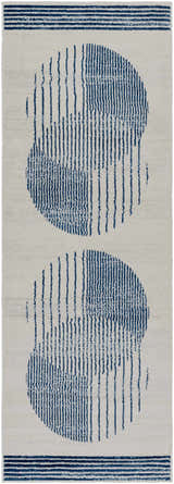 Close-up of Usra Area Rug: dark gray and white with a modern geometric pattern of blue circles and stripes. Design-Runner-2773