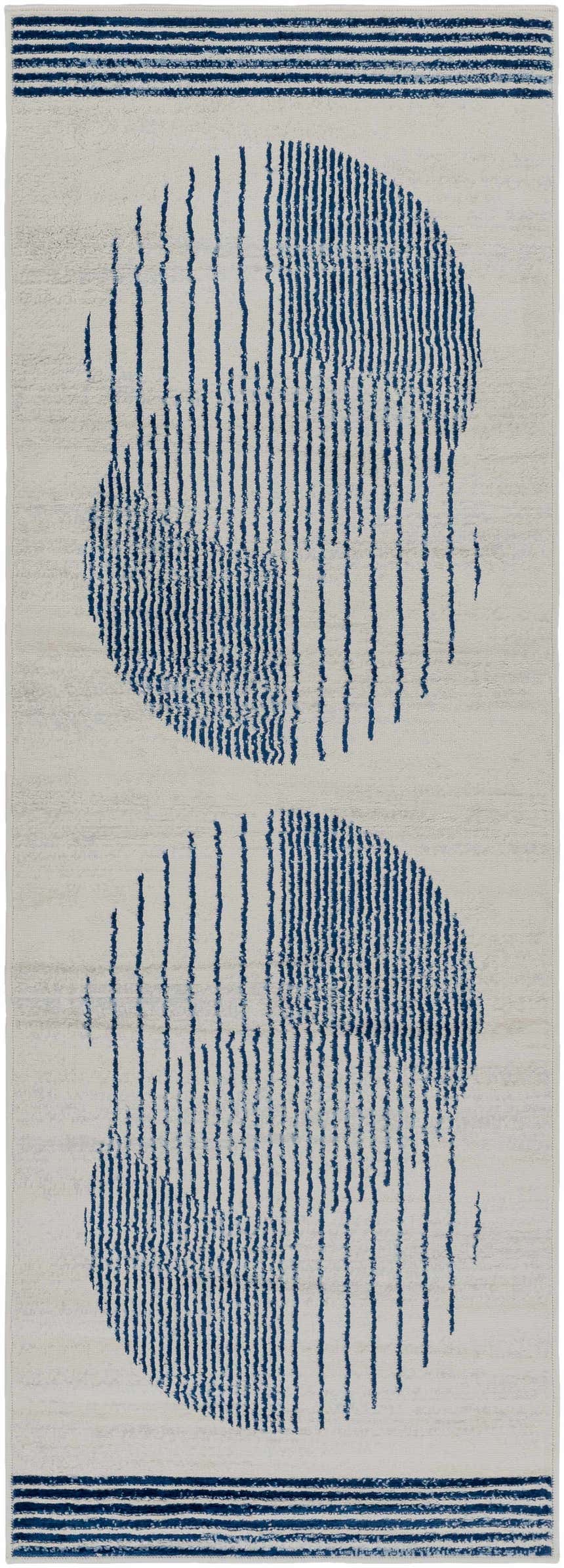 Close-up of Usra Area Rug: dark gray and white with a modern geometric pattern of blue circles and stripes. Design-Runner-2773