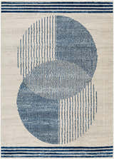 Geometric Usra Area Rug with blue striped circles on a light gray background. Contemporary style. Design-Rectangle-537