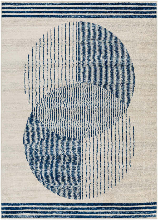 Geometric Usra Area Rug with blue striped circles on a light gray background. Contemporary style. Design-Rectangle-537