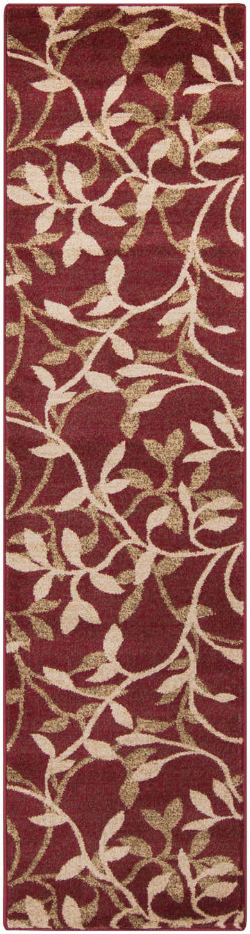 Close-up of the Vancleave Area Rug. Burgundy rug with light beige and tan leaf pattern. Farmhouse style. Design-Runner-275