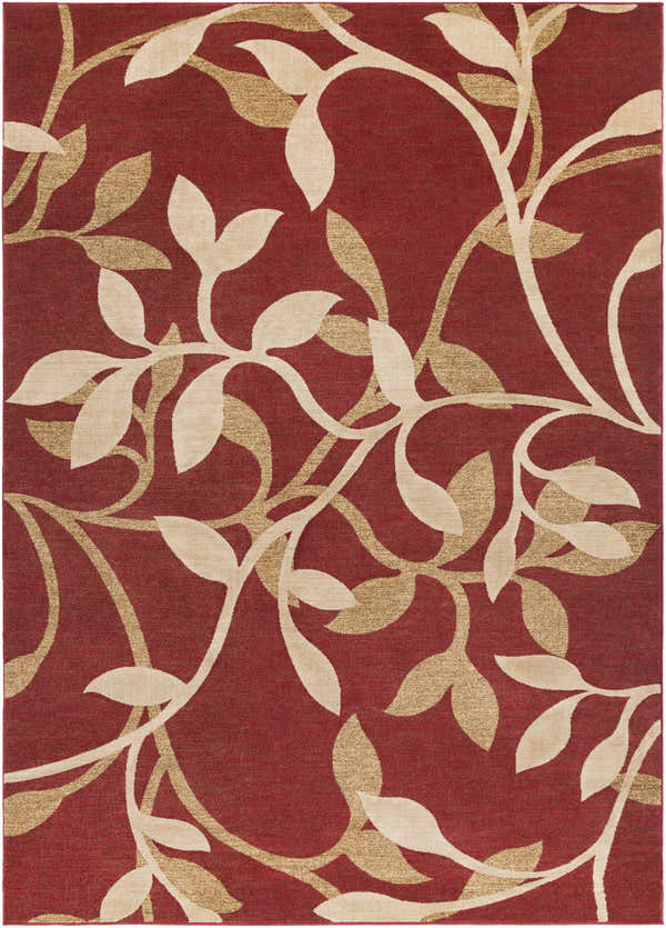 Close-up of the Vancleave Area Rug featuring a burgundy background and beige and tan leaf pattern. Design-Rectangle-71010
