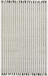 Close-up of the Varennes Area Rug: cream and light gray wool with thin black stripes and fringe. Hand woven texture. Design-Rectangle-576