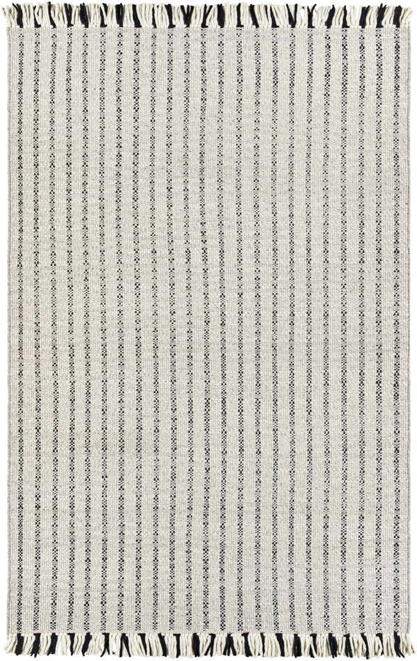 Close-up of the Varennes Area Rug: cream and light gray wool with thin black stripes and fringe. Hand woven texture. Design-Rectangle-576