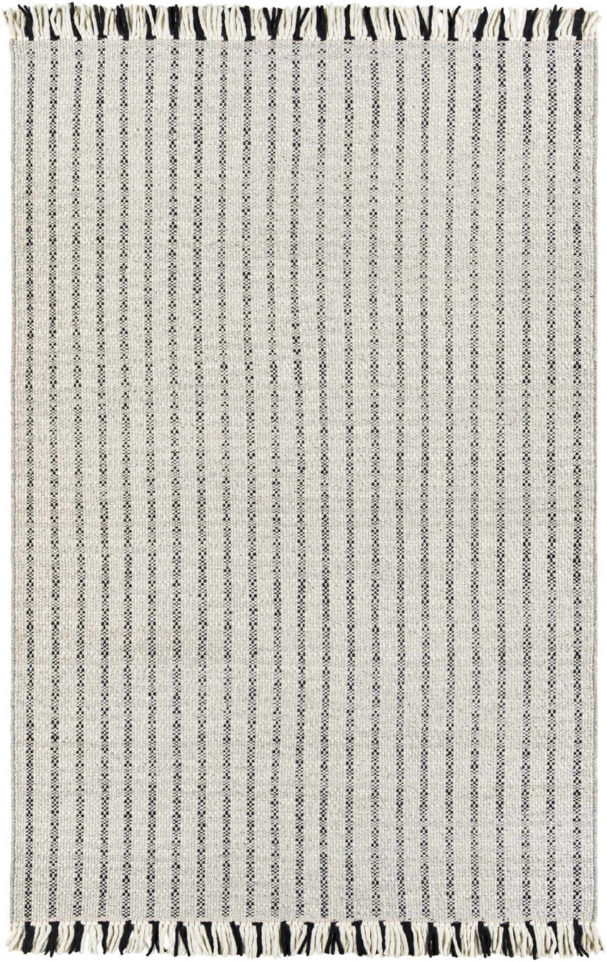 Close-up of the Varennes Area Rug: cream and light gray wool with thin black stripes and fringe. Hand woven texture. Design-Rectangle-576