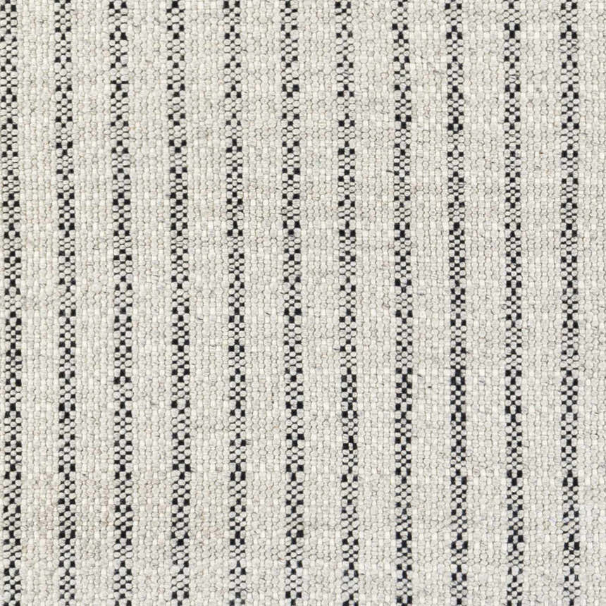 Close-up of the Varennes Area Rug: cream wool with a textured, black striped pattern. Hand woven. Swatch