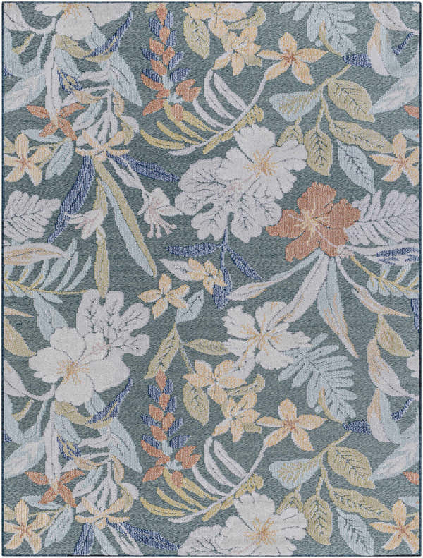 Close-up of Vicky Area Rug, a coastal style rug with cream, green, mustard, olive, rust, and tan floral pattern. Design-Rectangle-537
