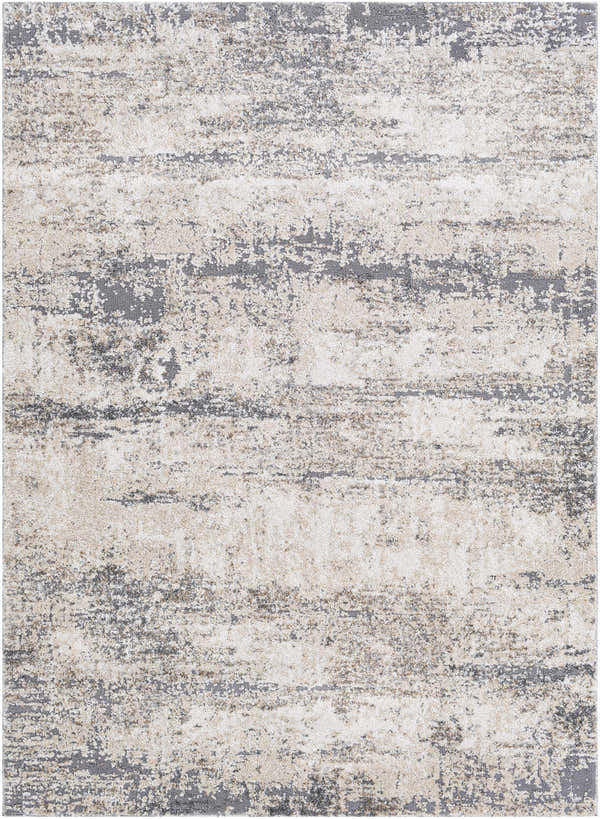 Close-up of Vesper Textured Plush Area Rug. Beige, charcoal, and gray abstract pattern. Soft, plush texture. Design-Rectangle-5373