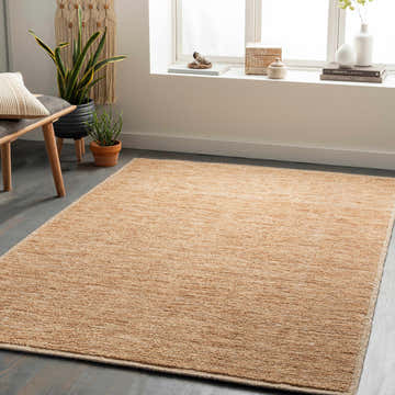 Living room scene with a peach Vezirhan area rug, wood bench, plants, and natural light from a window. Roomscene-Rectangle