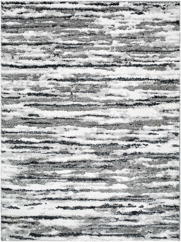 Close-up of the Vembo Area Rug. Contemporary design with black, gray, and silver horizontal stripes. Machine woven texture. Design-Rectangle-537