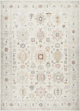 Close-up of the Vijay Area Rug. Light silver farmhouse style rug with traditional geometric patterns. Design-Rectangle
