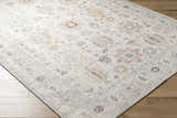 Close up of the light silver Vijay Area Rug, a farmhouse style rug with traditional patterns. Corner