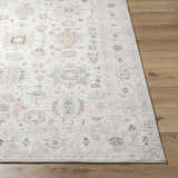 Close-up of the light silver Vijay Area Rug with a traditional pattern on a wood floor. Front