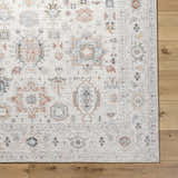Close-up of the light silver Vijay Area Rug. Farmhouse style rug with traditional pattern and subtle blue, orange, and gray accents. Corner