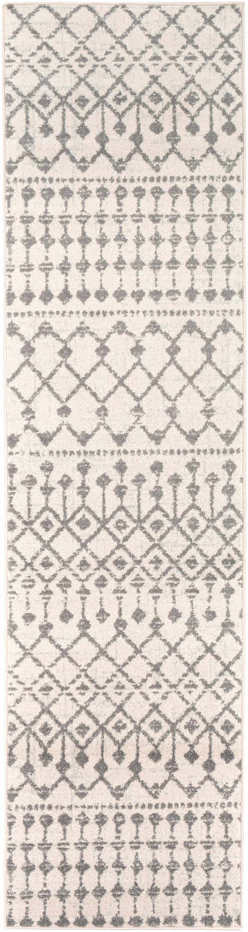 Close-up of the Vicksburg All Over Pattern Rug. Bohemian design in charcoal, gray, light beige, and medium gray. Machine woven texture. Design-Runner-2710