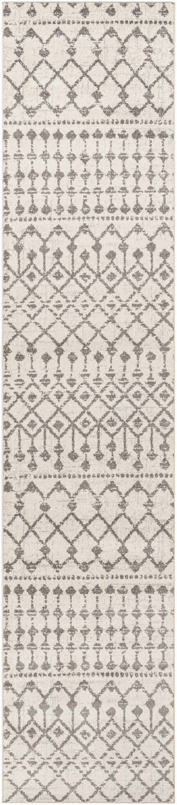 Close-up of the Vicksburg All Over Pattern Rug. Features a geometric diamond design in charcoal gray and light beige. Design-Runner-2712