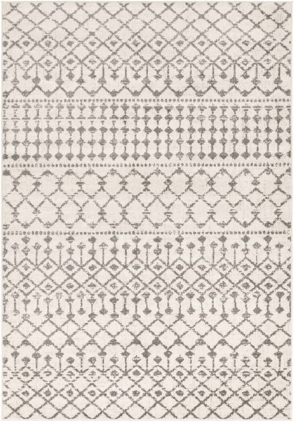 Close-up of the Vicksburg rug. Charcoal and gray geometric all over pattern on light beige polypropylene. Bohemian style. Design-Rectangle-5373