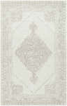 Close-up of the Vanna Area Rug, a light silver wool rug with a traditional silver gray diamond and floral pattern. Design-Rectangle-58