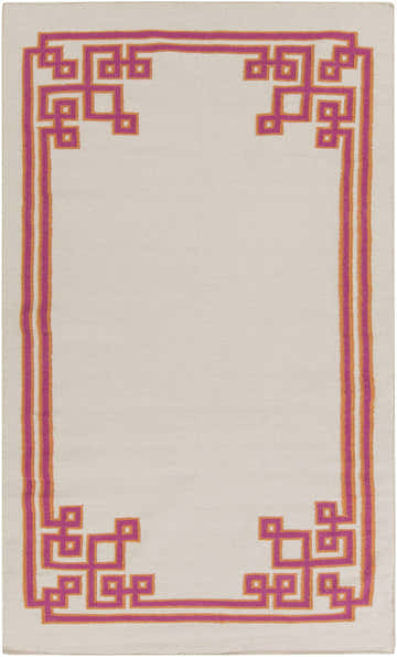 Close-up of the Vliets Clearance Rug. Hand-woven wool rug with a geometric border in pink and orange on a cream background. Design-Rectangle-58