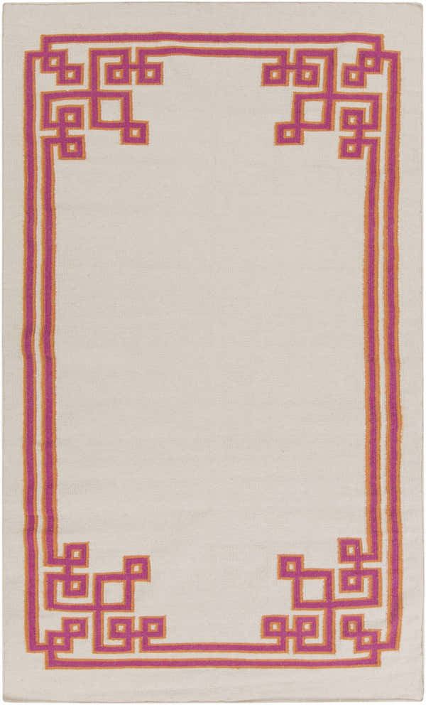 Close-up of the Vliets Clearance Rug. Hand-woven wool rug with a geometric border in pink and orange on a cream background. Design-Rectangle-58