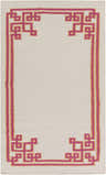 Close-up of the Vliets Clearance Rug. Hand-woven wool rug with a geometric border in pink and orange on a cream background. Design-Rectangle-58