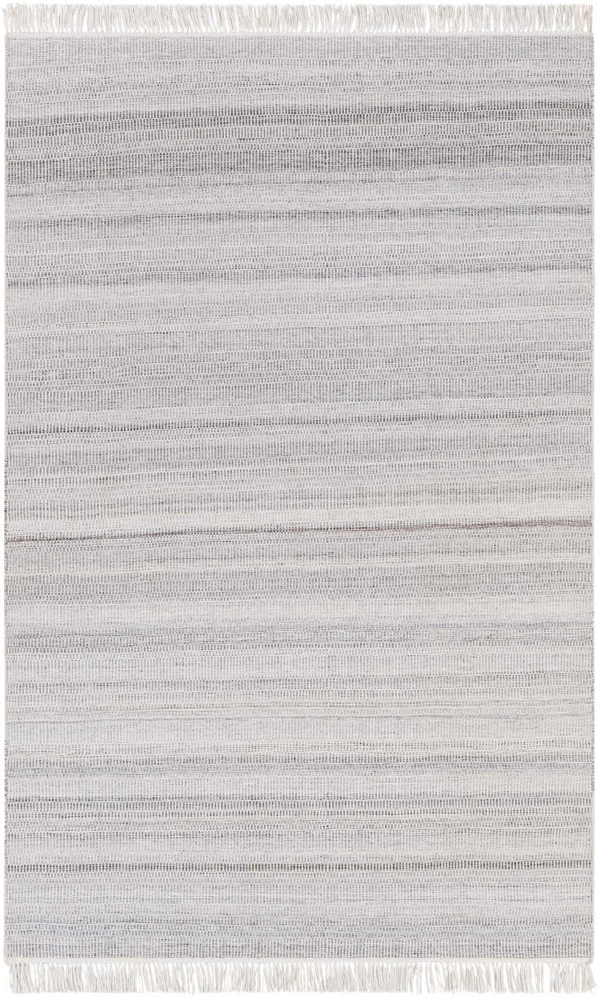 Close-up of the hand woven Villasis Area Rug. Light beige, gray, and off white horizontal stripes with fringe. Design-Rectangle-576
