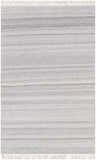 Close-up of the hand woven Villasis Area Rug. Light beige, gray, and off white horizontal stripes with fringe. Design-Rectangle-576