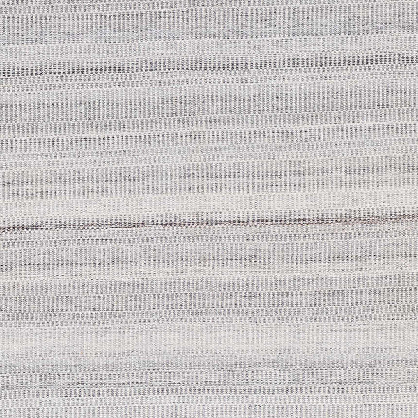 Close-up of the hand woven Villasis Area Rug showing gray, beige, and off white horizontal stripes. Swatch