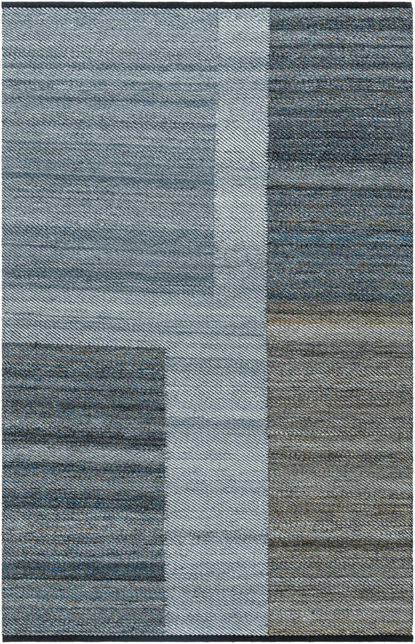 Close-up of the Utako Area Rug. Hand-woven rug with a Southwestern design in gray, sage, and silver gray recycled PET yarn. Design-Rectangle-576