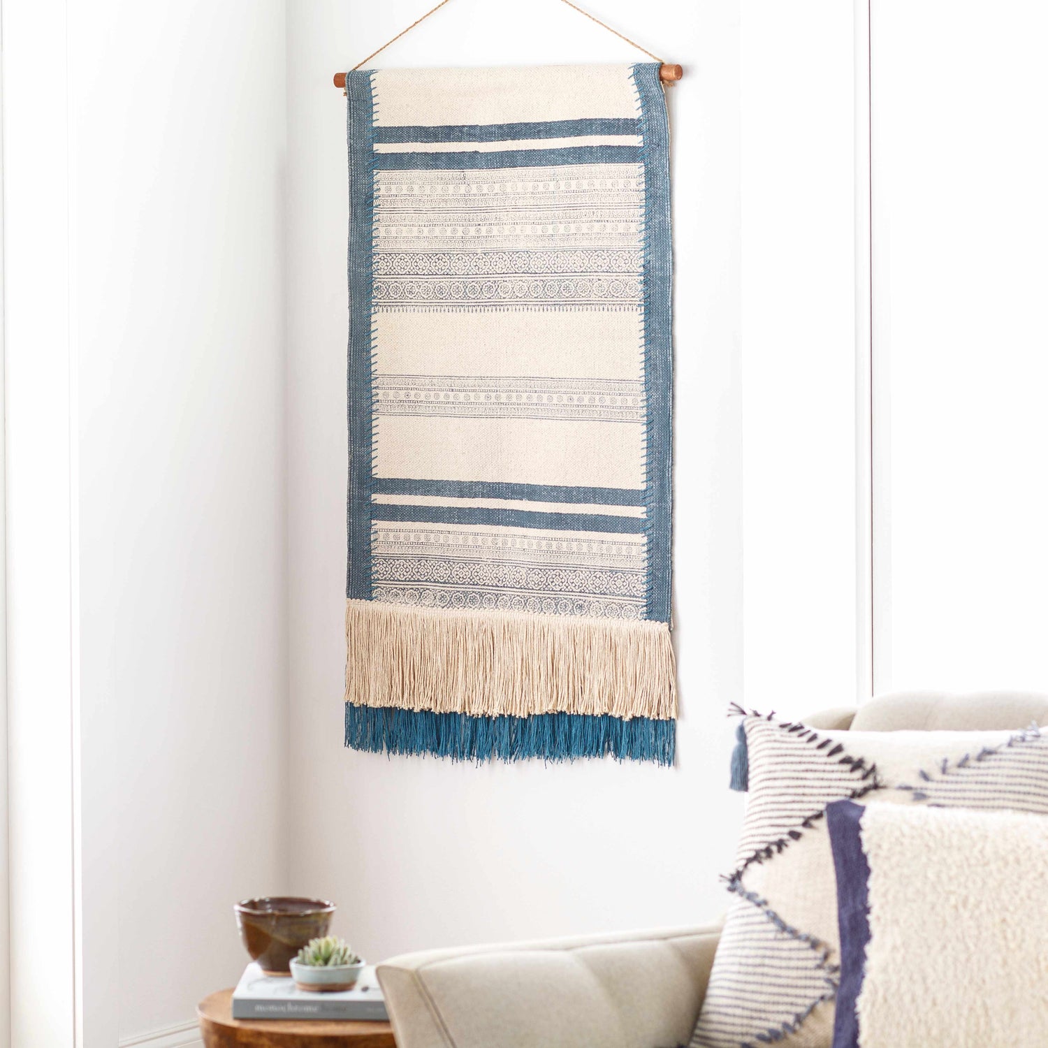 Aven Blue Striped Fringe Wall Hanging - Clearance