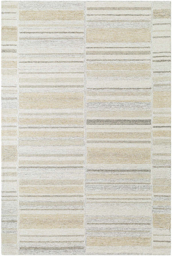 Close-up of the Vivek Modern Wool Rug. Hand-tufted rug with ash, light silver, and beige horizontal stripes. Design-Rectangle-576