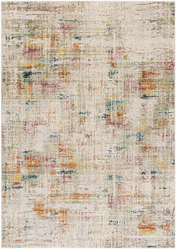Close up of the Eversley Area Rug featuring cream, pink, blue, and mustard colors in a contemporary abstract design. Design-Rectangle-5373