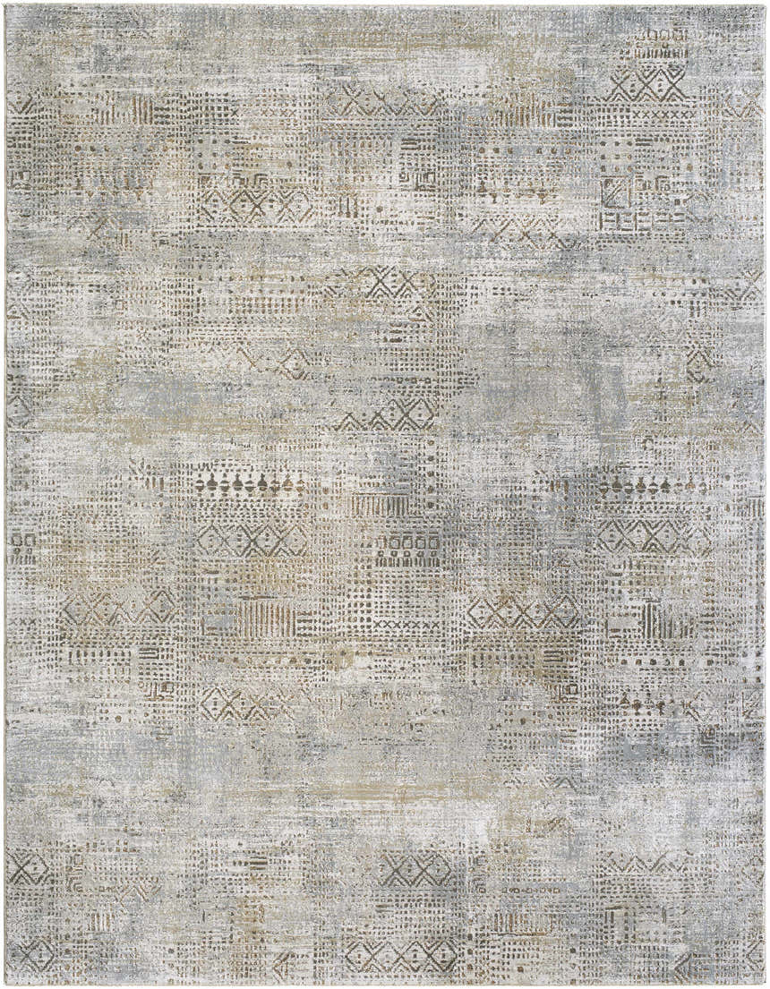 Close-up of the Owena Thick Luxe Boutique Rug featuring a Southwestern pattern in charcoal, cream, and light brown tones. Design-Rectangle-710103