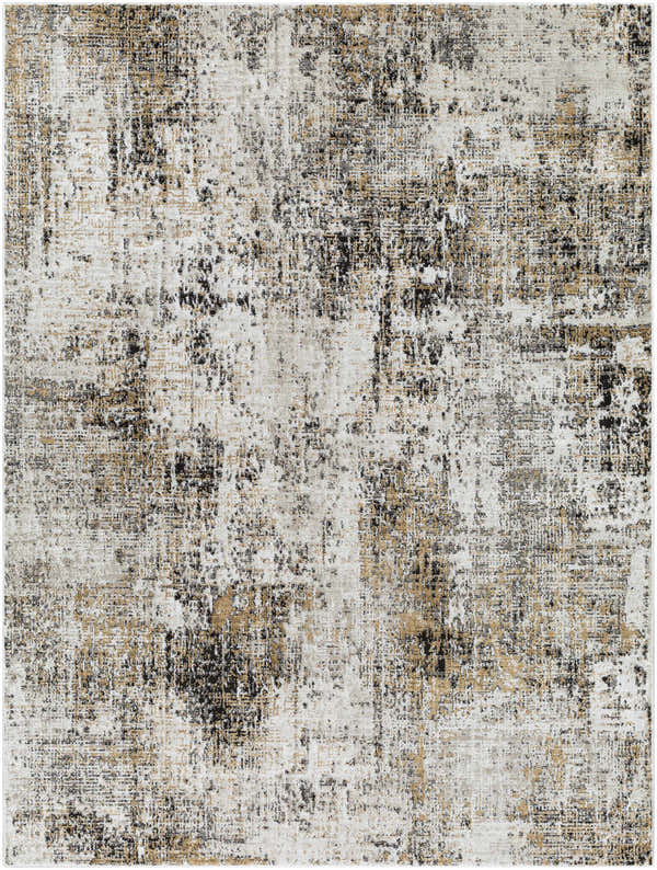 Close-up of the Vesna Area Rug. Machine-woven polyester rug in charcoal, ivory, mustard, peach, and tan with a Southwestern style pattern. Design-Rectangle-537