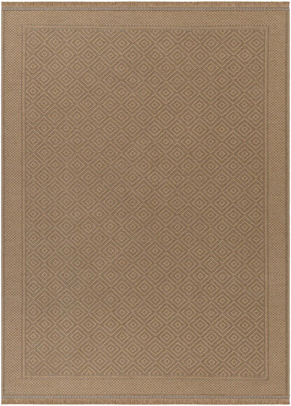 Beige Veata Washable Jute Area Rug with a diamond pattern and a decorative border. Farmhouse style. Design-Rectangle-537
