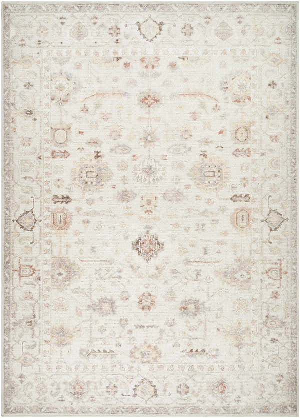 Close-up of the Verna Area Rug. Traditional rug design in ivory, dark brown, dusty coral, gray, peach, and sage. Design-Rectangle