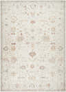 Close-up of the Verna Area Rug. Traditional rug design in ivory, dark brown, dusty coral, gray, peach, and sage. Design-Rectangle