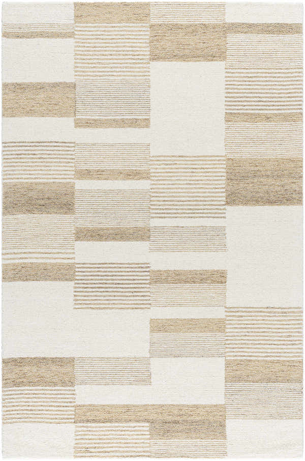 Close-up of Varen Broken-Striped Area Rug. Hand-tufted wool rug with ash, off-white, pearl, and warm gray stripes and blocks. Design-Rectangle-576