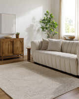 Living room with a cream couch and ash Verne Area Rug. Farmhouse style. Roomscene-Rectangle