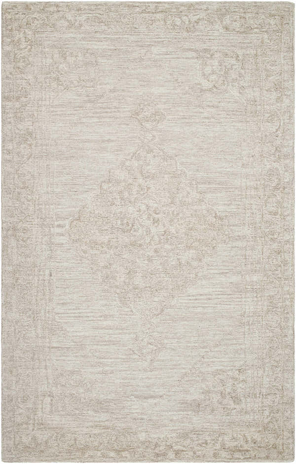 Close-up of the ash Verne Area Rug. Hand-tufted wool rug with a traditional, subtle floral pattern and border. Design-Rectangle-58